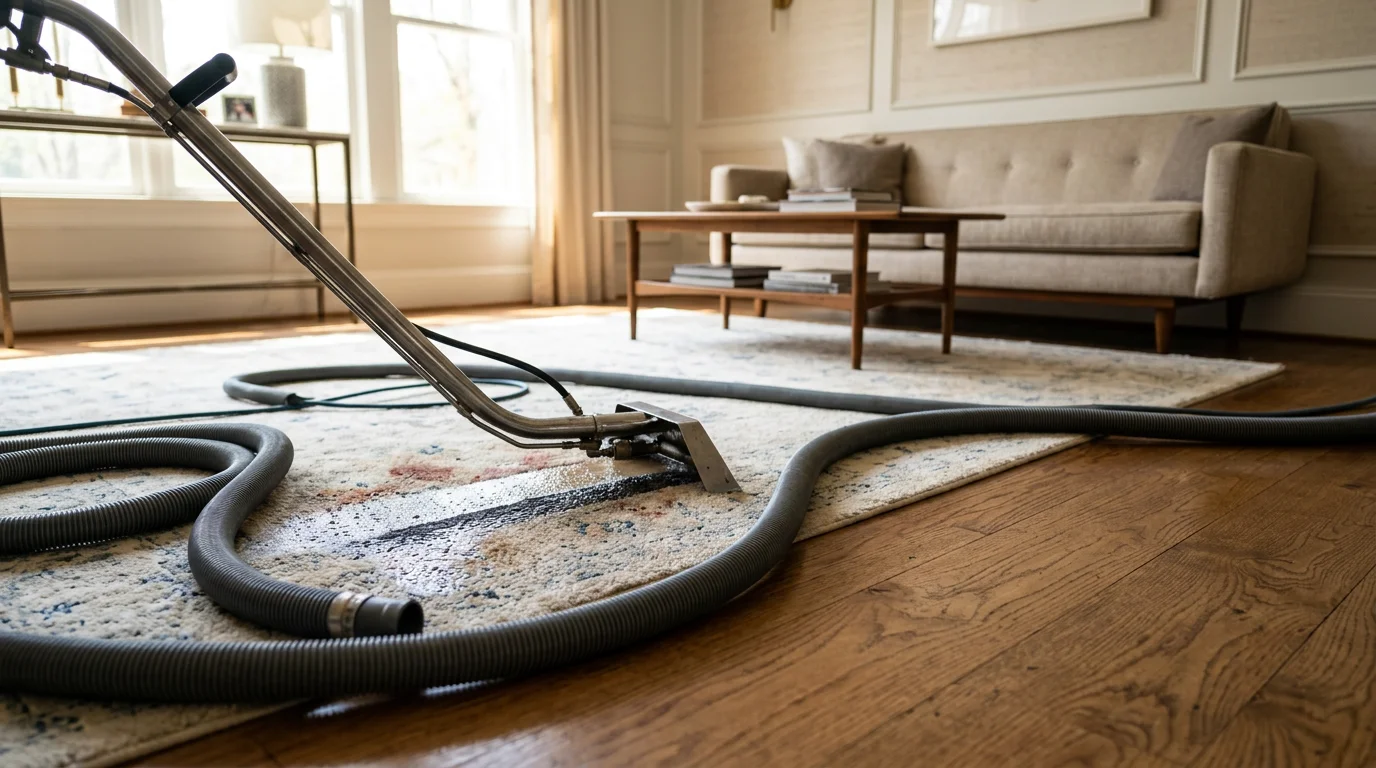 Professional carpet cleaning technician using hot-water extraction equipment in an Atlanta home