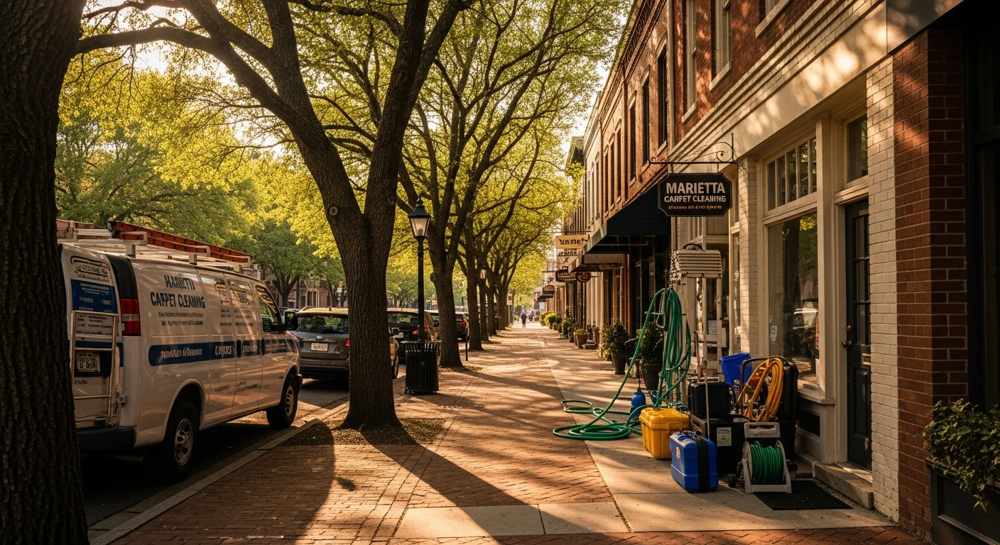 Historic Marietta downtown street with brick buildings and mature trees lining the sidewalk.