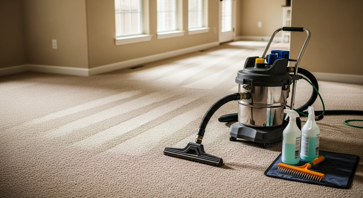 A professional carpet cleaner using extraction equipment on a clean, light-colored carpet inside a spacious East Cobb, Marietta home. The carpet shows a visible clean line separating the freshly cleaned section from the untreated area.