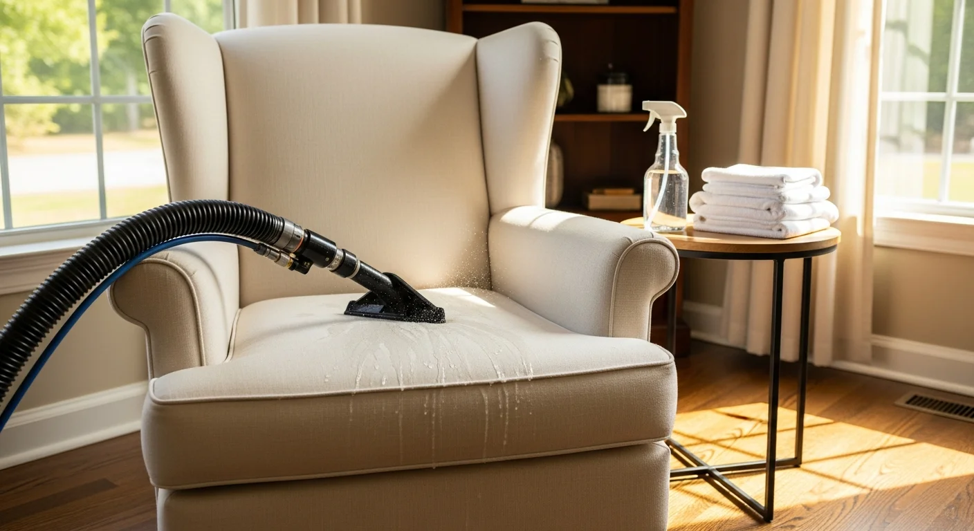 A clean upholstered accent chair inside a Marietta, East Cobb home after professional chair cleaning by Atlanta Top Force Services. The fabric shows no visible stains or soiling, with restored color and texture.