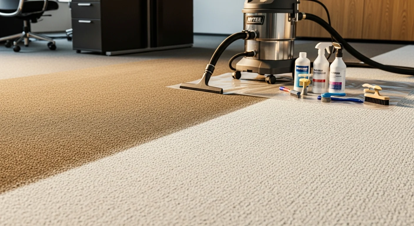 A commercial carpet cleaning technician from Atlanta Top Force Services extracting dirt from office carpet in a Marietta, East Cobb business suite. The cleaned section shows restored color and texture compared to the uncleaned area beside it.