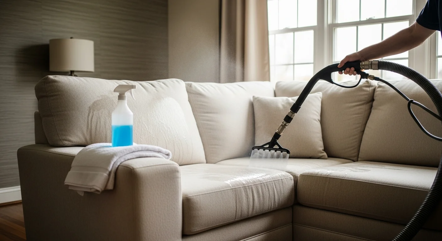 A clean, freshly serviced fabric sofa in a bright East Cobb family room, showing restored color and no visible staining. An Atlanta Top Force Services technician works on a sectional couch in a Marietta home with large windows and natural light.