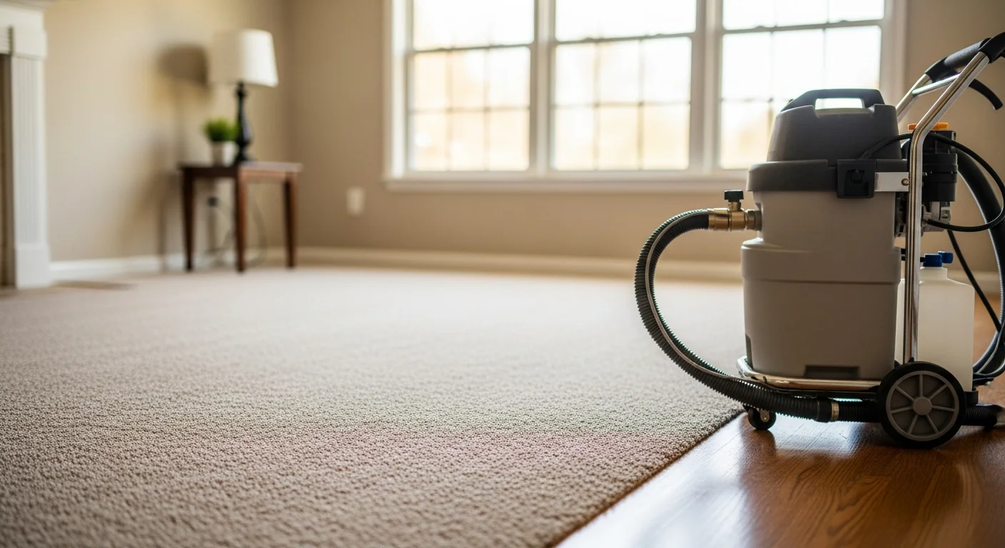 A carpet technician performing deep extraction cleaning on a light-colored carpet in a spacious East Cobb, Marietta home living room. The cleaned section shows restored color and texture compared to the untreated area beside it.