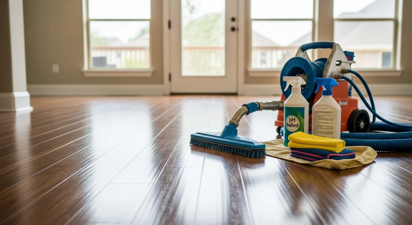 A professional technician cleaning engineered wood floors in a Marietta, East Cobb home, with restored even sheen visible across the open living area. Close-up shows clean wood grain free of residue and buildup after service by Atlanta Top Force Services.