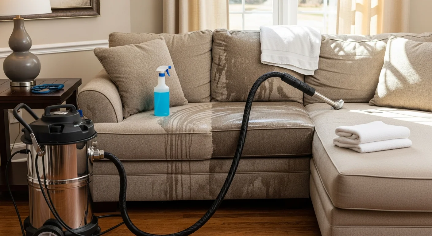 A clean, stain-free sofa in an East Cobb, Marietta home after professional furniture stain removal service by Atlanta Top Force Services. The upholstery fabric shows no visible staining or discoloration across the seat cushions and armrests.