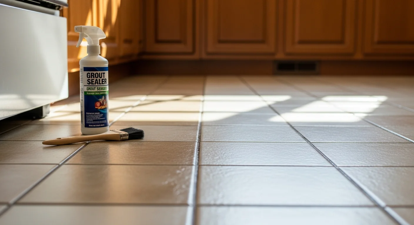 Close-up of freshly cleaned white grout lines between ceramic floor tiles in an East Cobb, Marietta home bathroom, showing bright, even grout color after professional cleaning. A technician from Atlanta Top Force Services applies sealant to the restored grout lines.