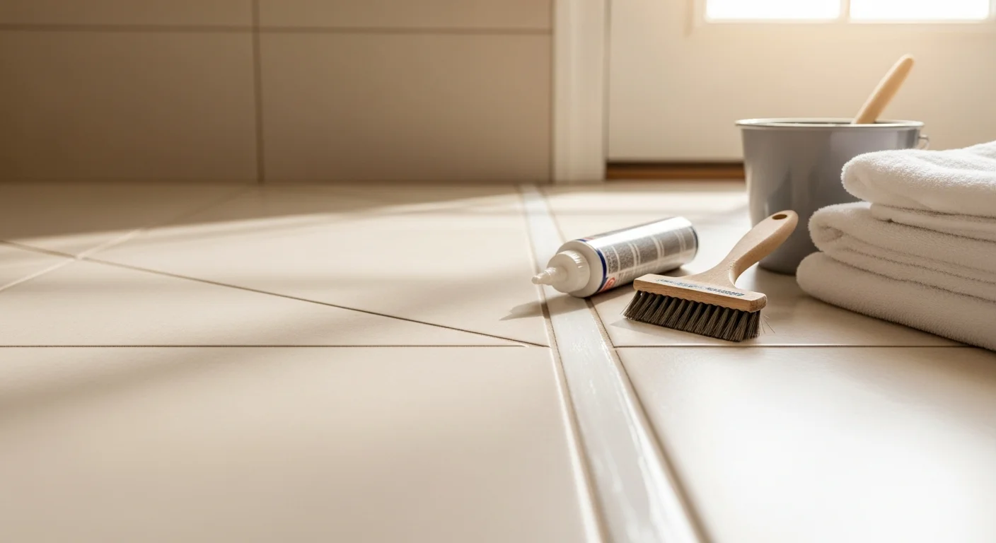 Close-up of freshly sealed white grout lines on ceramic floor tile in a Marietta, East Cobb bathroom after professional cleaning and sealing service. The grout lines appear clean, uniform, and free of staining or discoloration.