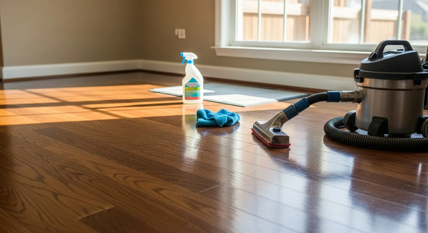 A professional technician cleaning hardwood floors in an East Cobb, Marietta home, with a low-moisture cleaning machine moving across wide-plank wood boards in a bright main living area. The cleaned section shows a restored natural sheen compared to the dull, residue-covered section not yet treated.