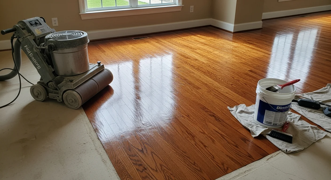 Restored red oak hardwood floors in an East Cobb, Marietta home showing smooth, even finish with no visible scratches or worn patches. Main living area with open floor plan typical of 1980s and 1990s Cobb County residential construction.