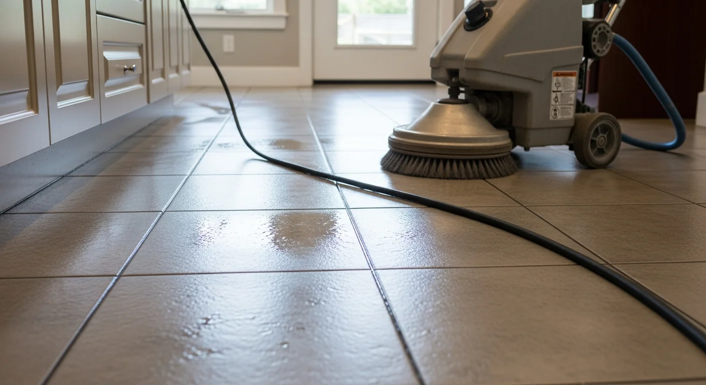Close-up of clean kitchen floor tile and bright white grout lines in an East Cobb, Marietta home after professional tile and grout cleaning. The tile surface is free of grease buildup and discoloration.