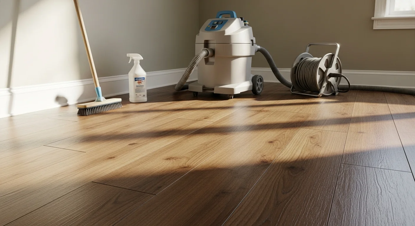 A technician cleaning luxury vinyl plank floors in an East Cobb, Marietta home, with a low-moisture scrubbing machine moving along the wood-grain plank surface. The cleaned section of floor shows a clear, residue-free finish compared to the uncleaned area.