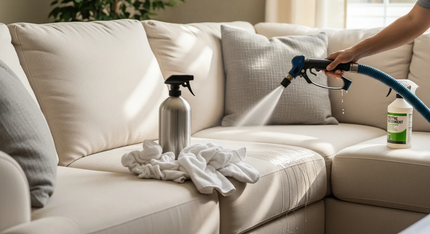 A clean, odor-free sofa in an East Cobb Marietta home after professional pet odor removal treatment by Atlanta Top Force Services. The upholstery fabric shows no visible staining and the living room setting reflects a typical single-family subdivision home in the area.