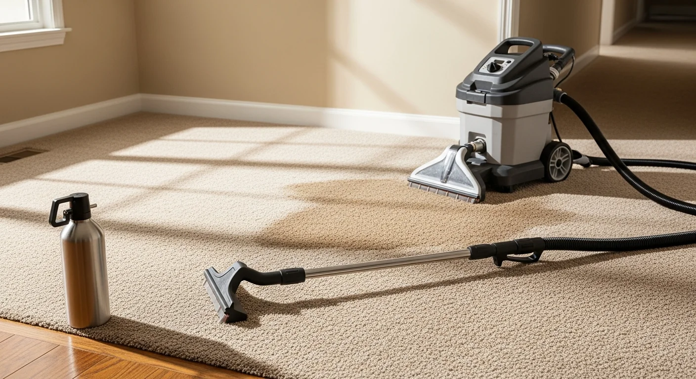 A carpet technician treating a visible pet urine stain on light-colored carpet inside a single-family home in East Cobb, Marietta, GA. The before-and-after view shows the stained area before treatment next to the cleaned, restored carpet section.