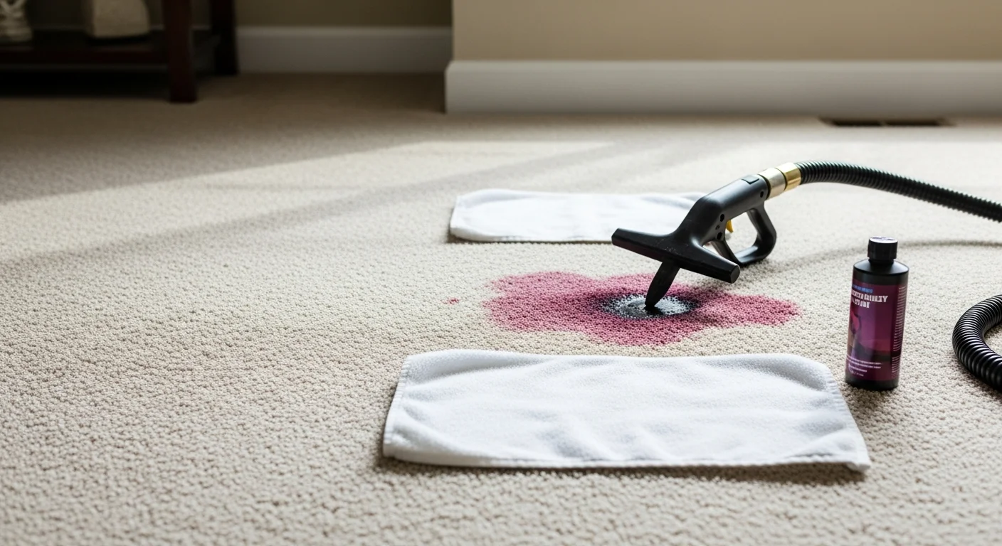 A carpet technician treating a visible pet stain on a light-colored carpet in an East Cobb, Marietta home. The before-and-after view shows the stained area next to a clean, restored section of the same carpet.
