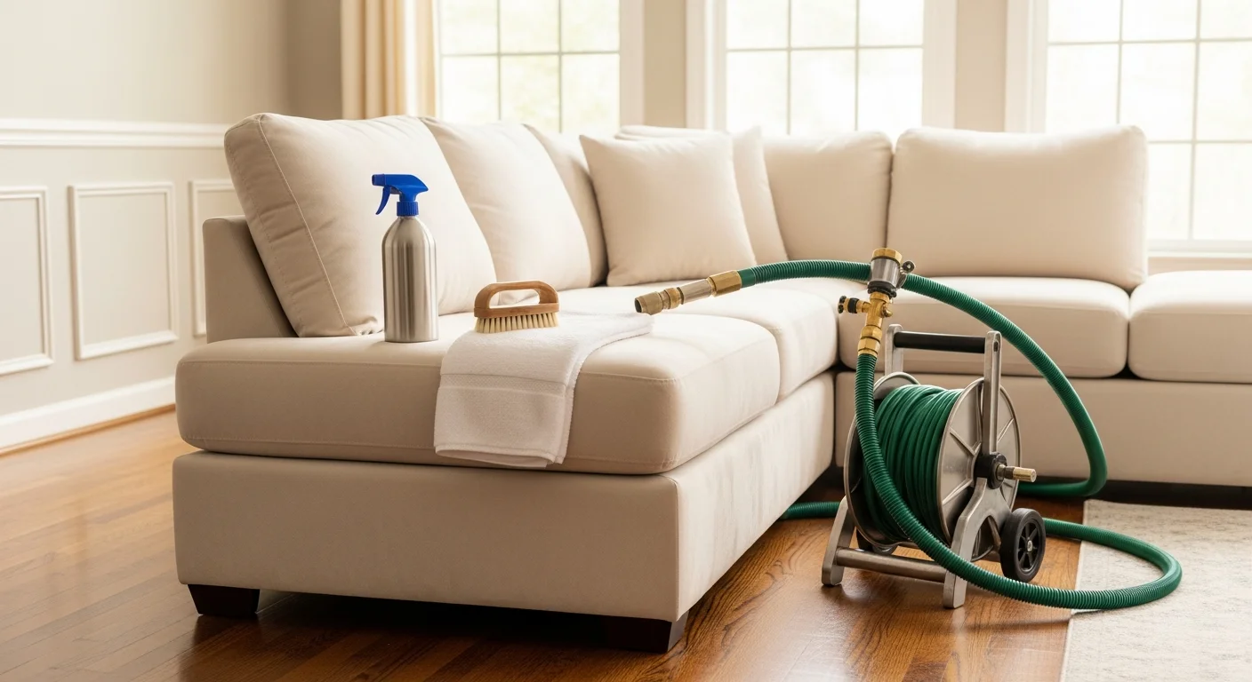A clean, freshly serviced sofa in a bright East Cobb, Marietta living room after professional upholstery cleaning by Atlanta Top Force Services. The fabric shows restored color and no visible staining.