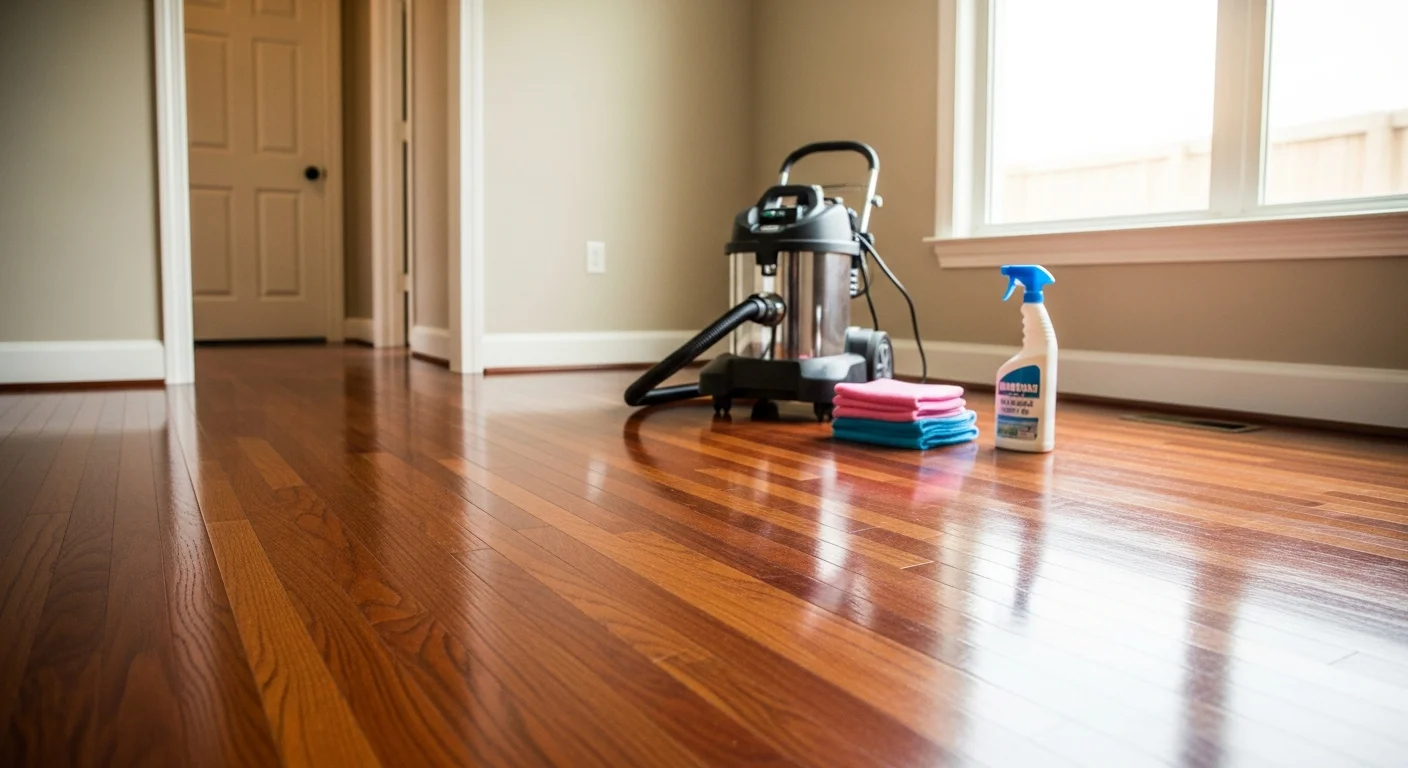Close-up of a solid oak hardwood floor in an East Cobb, Marietta home showing before-and-after stain removal results, with a cleaned section revealing restored natural wood color next to a stained area.